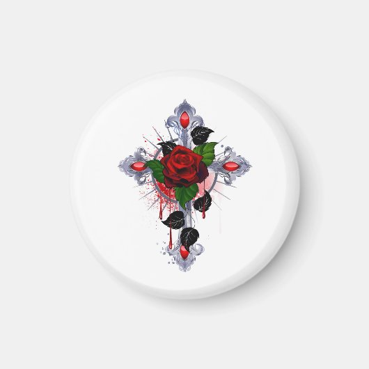 Silberkreuz mit Rote Rose Magnet (Vorne)