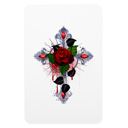 Silberkreuz mit Rote Rose Magnet (Vertikal)