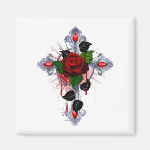 Silberkreuz mit Rote Rose Magnet