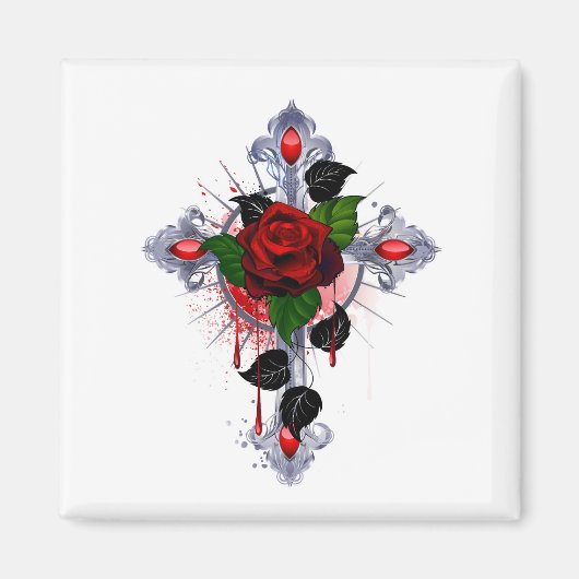Silberkreuz mit Rote Rose Magnet (Vorne)