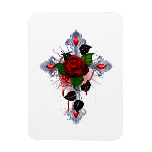 Silberkreuz mit Rote Rose Magnet (Vertikal)