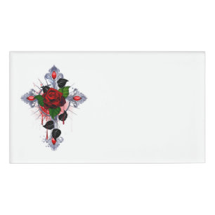 Silberkreuz mit Rote Rose Namenschild