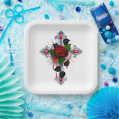 Silberkreuz mit Rote Rose Pappteller (Party)