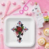 Silberkreuz mit Rote Rose Pappteller (Party)