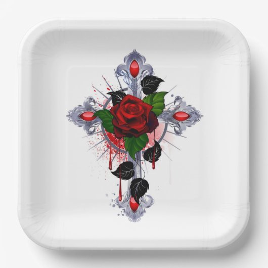 Silberkreuz mit Rote Rose Pappteller (Vorderseite)