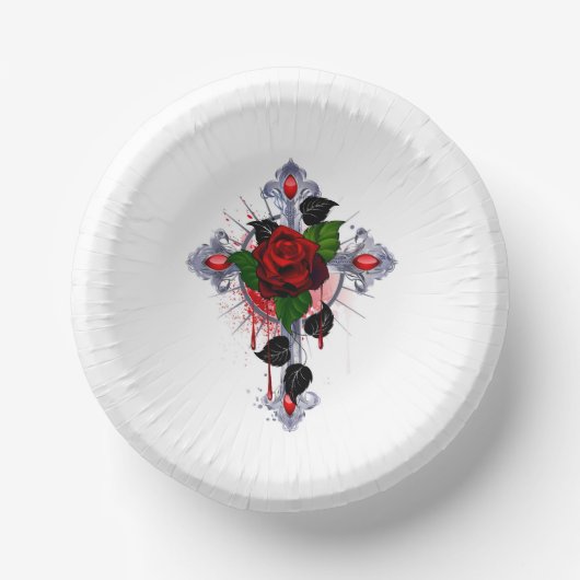 Silberkreuz mit Rote Rose Pappteller (Vorderseite)