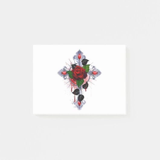 Silberkreuz mit Rote Rose Post-it Klebezettel (Vorderseite)