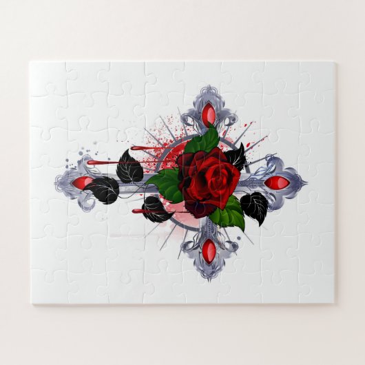 Silberkreuz mit Rote Rose Puzzle (Horizontal)