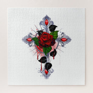 Silberkreuz mit Rote Rose Puzzle