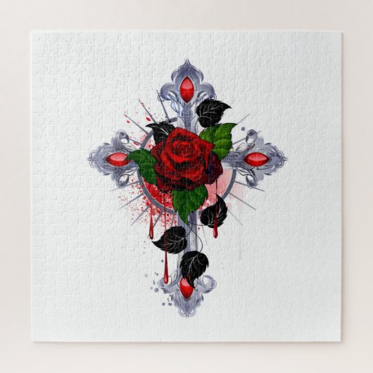 Silberkreuz mit Rote Rose Puzzle (Vertikal)