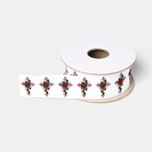 Silberkreuz mit Rote Rose Ripsband