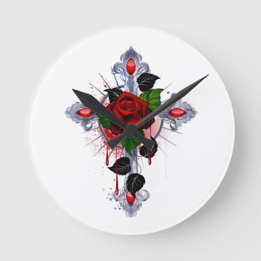 Silberkreuz mit Rote Rose Runde Wanduhr (Vorderseite)