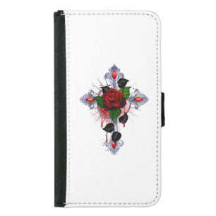 Silberkreuz mit Rote Rose Geldbeutel Hülle Für Das Samsung Galaxy S5