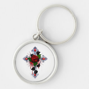 Silberkreuz mit Rote Rose Schlüsselanhänger