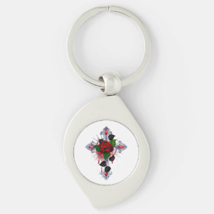 Silberkreuz mit Rote Rose Schlüsselanhänger