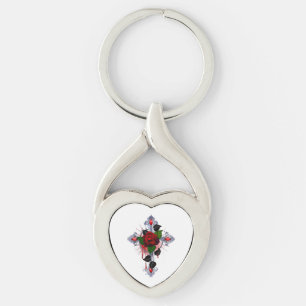 Silberkreuz mit Rote Rose Schlüsselanhänger