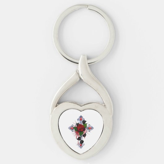 Silberkreuz mit Rote Rose Schlüsselanhänger (Vorderseite)