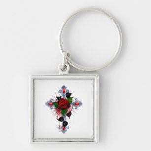 Silberkreuz mit Rote Rose Schlüsselanhänger