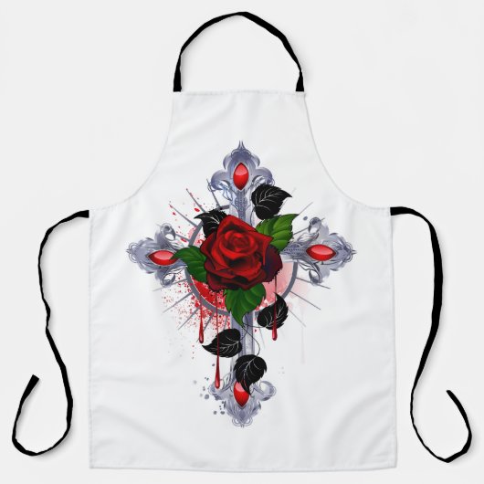 Silberkreuz mit Rote Rose Schürze (Vorderseite)