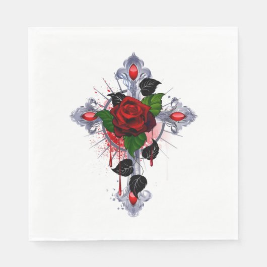 Silberkreuz mit Rote Rose Serviette (Vorderseite)