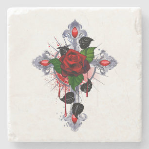 Silberkreuz mit Rote Rose Steinuntersetzer