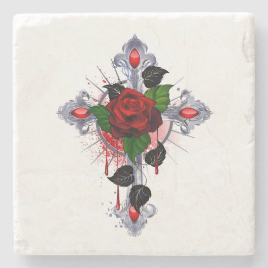 Silberkreuz mit Rote Rose Steinuntersetzer (Vorderseite)