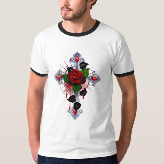 Silberkreuz mit Rote Rose T-Shirt (Vorderseite)
