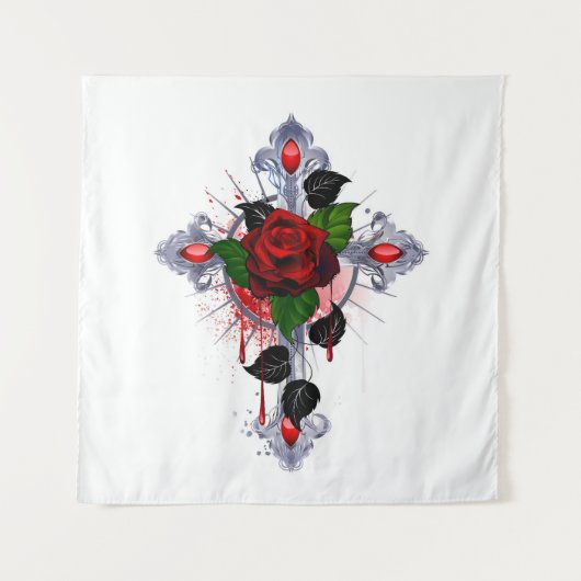 Silberkreuz mit Rote Rose Wandteppich (Vorderseite)