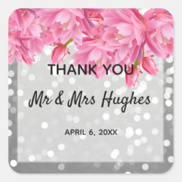 Silberkristalle aus Glitzer, rosa Blütenhochzeit Quadratischer Aufkleber