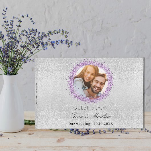 Silberlavender Foto Glitzern Hochzeit Gästebuch