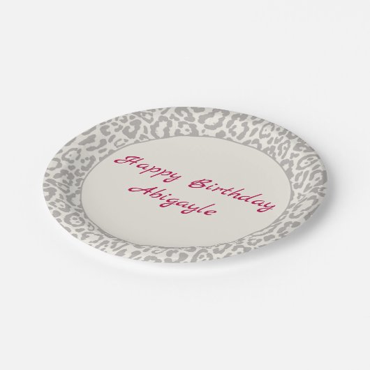 Silberleoparddruck auf weißer Papierplatte Pappteller (Schrägansicht)