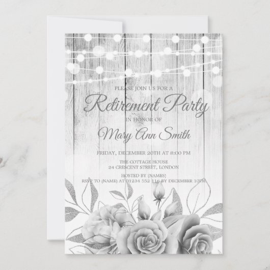 Silberleuchten und Blume Rustikales Ruhestand-Part Einladung (Vorderseite)