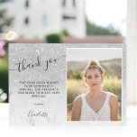 Silbermarmor ombre 3 Fotos Sweet 16 Dankeskarte<br><div class="desc">Schicken Sie uns Ihren Dank mit dieser modernen Typografie,  hübsche schicke und elegante Imitate grau silber Glitzer Glitzern Dusche ombre,  fügen Sie 3 Fotos mit weißem Marmor Farbe Block Sweet 16 Geburtstagsparty</div>