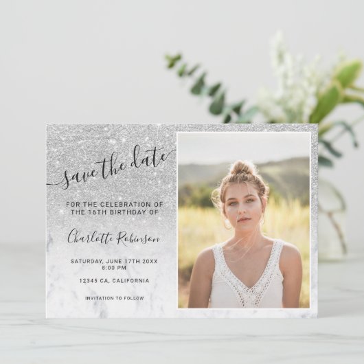 Silbermarmor ombre 3 Fotos Sweet 16 Save The Date (Stehend Vorderseite)