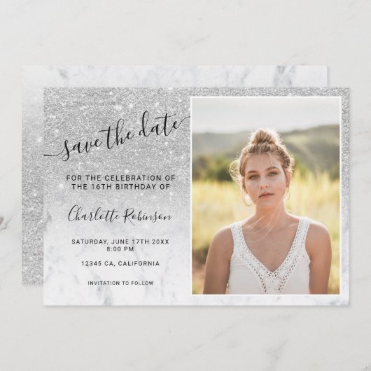 Silbermarmor ombre 3 Fotos Sweet 16 Save The Date (Vorne/Hinten)