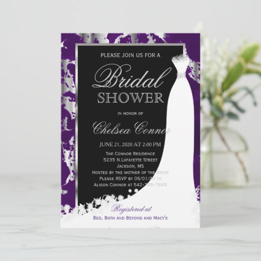 Silbermarmor, Schwarz und Lila Bridal Einladung (Stehend Vorderseite)