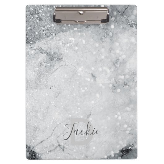 Silbermarmor und Glitzer Sparkle Mit Monogramm Klemmbrett (Vorderseite)