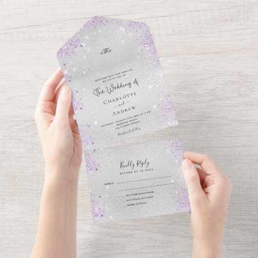 Silbermetall Glitzer lila Hochzeit All In One Einladung (Abreißen)
