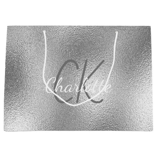Silbermetall Monogramm Name modern elegant Große Geschenktüte (Vorderseite)