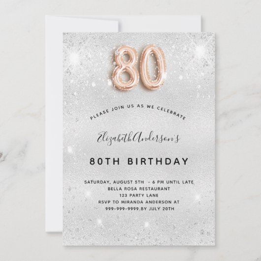 Silbermetall Rose Gold Glitzer Einladung (Vorderseite)