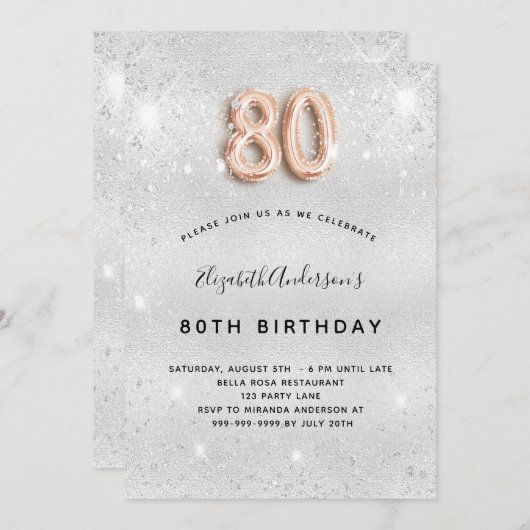 Silbermetall Rose Gold Glitzer Einladung (Vorne/Hinten)