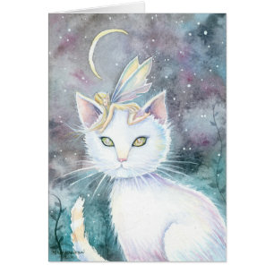 Silbermond Katze und Feen Wasserfarben Karte