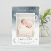 Silbermond Sterne Blaues Aquarell Foto Geburt Ankündigung (Stehend Vorderseite)