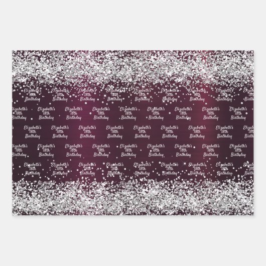 Silbername Geburtstag von Burgund Geschenkpapier Set (Vorderseite)