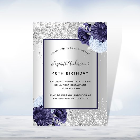 Silbernavy blauen floralen eleganten Geburtstag Einladung
