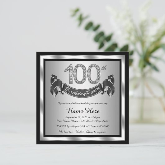 Silberne 100. Geburtstagsparty Einladung (Stehend Vorderseite)