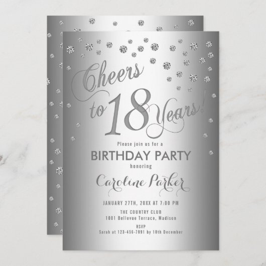 Silberne 18. Geburtstagsparty Einladung (Vorne/Hinten)
