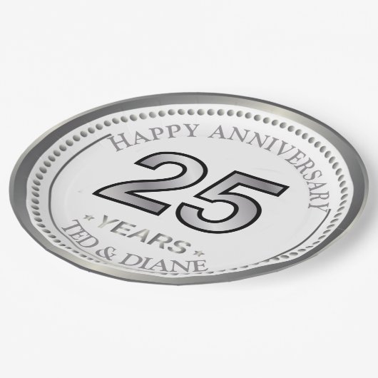 Silberne 25. Jubiläumszeitung Pappteller (Schrägansicht)