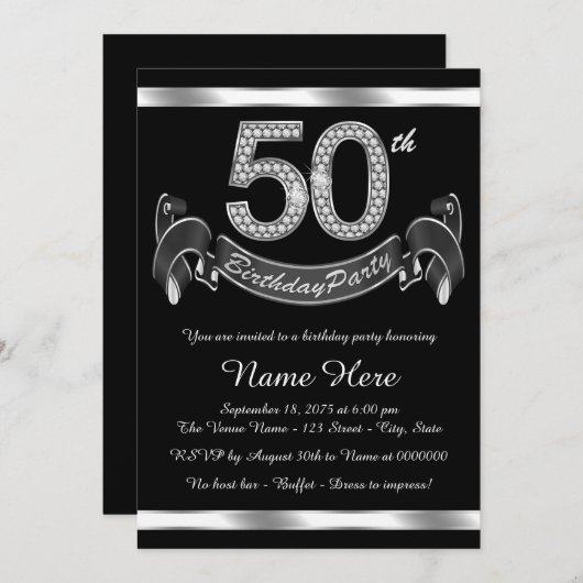 Silberne 50. Geburtstagsparty Einladung (Vorne/Hinten)