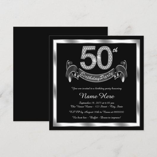 Silberne 50. Geburtstagsparty Einladung (Vorne/Hinten)